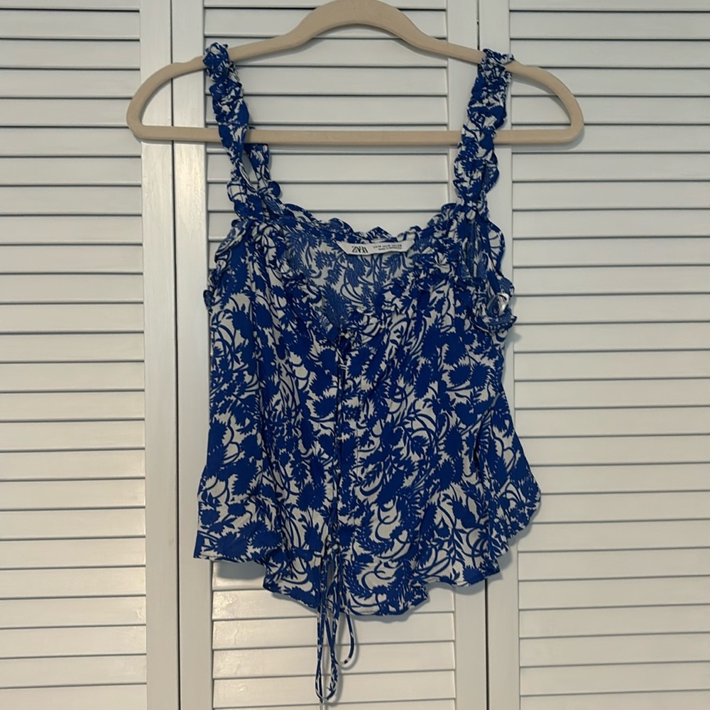 Zara Blue and White Ruffled Crop Top
